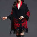Double-sided Jacquard Cheongsam Shawl, Color-Blocked Fringed Cape Design, Autumn/Winter Fashion & Warmth Two-in-One Scarf(navy blue)