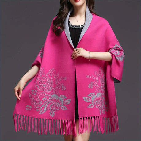 Double-sided Jacquard Cheongsam Shawl, Color-Blocked Fringed Cape Design, Autumn/Winter Fashion & Warmth Two-in-One Scarf(GREY)