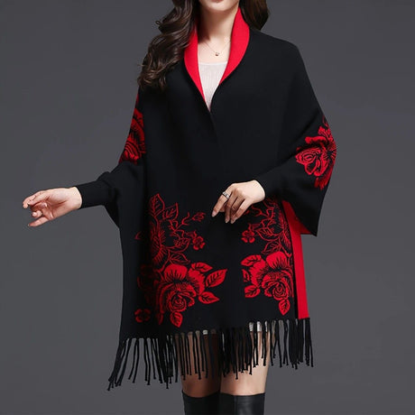 Double-sided Jacquard Cheongsam Shawl, Color-Blocked Fringed Cape Design, Autumn/Winter Fashion & Warmth Two-in-One Scarf(GREY)