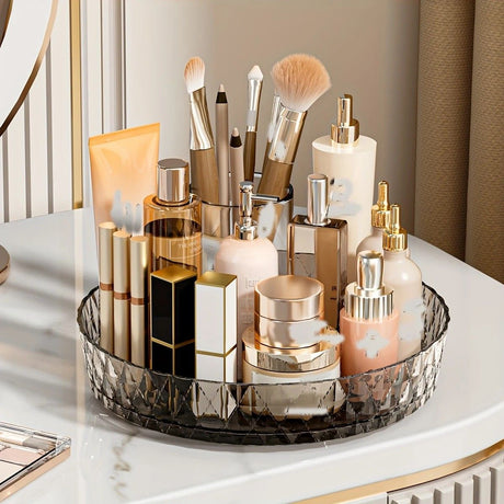 2PCS Acrylic Lazy Susan Organizer with Diamond Design | 360° Rotating Makeup & Vanity Tray | Modern Kitchen & Bathroom Storage（Transparent white）