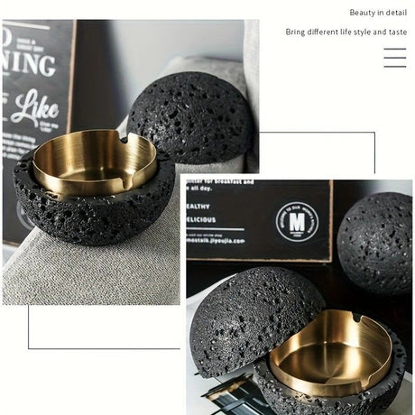 Nordic industrial style concrete ashtray, handcrafted with natural texture, detachable stainless steel bowl with anti-ash lid — easy to clean, durable, suitable for living rooms, bars, offices, ideal gift for Father’s Day, Christmas, housewarming.（BLACK)