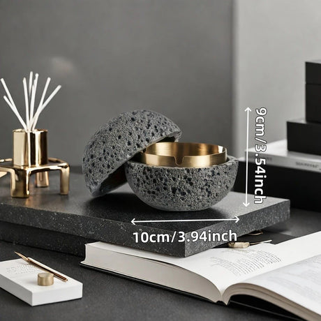 Nordic industrial style concrete ashtray, handcrafted with natural texture, detachable stainless steel bowl with anti-ash lid — easy to clean, durable, suitable for living rooms, bars, offices, ideal gift for Father’s Day, Christmas, housewarming.（Rock wh
