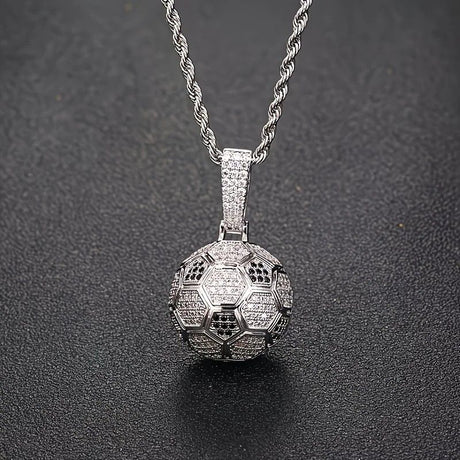 Football Hollow Pendant Necklace, Synthetic Zirconia Setting, Hip Hop Sporty Style, Trendy and Versatile.(golden)