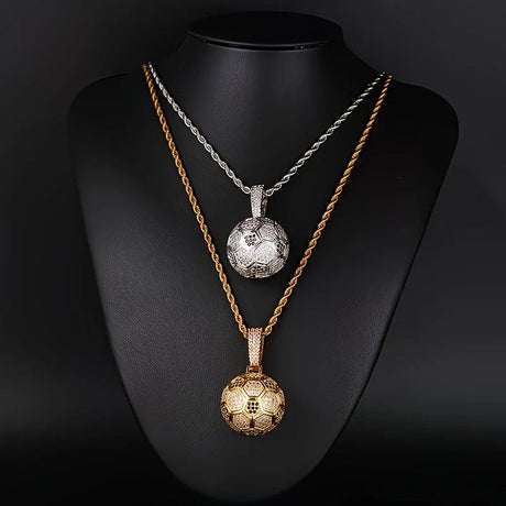 Football Hollow Pendant Necklace, Synthetic Zirconia Setting, Hip Hop Sporty Style, Trendy and Versatile.(golden)