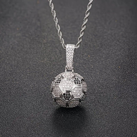 Football Hollow Pendant Necklace, Synthetic Zirconia Setting, Hip Hop Sporty Style, Trendy and Versatile.(golden)