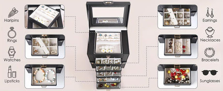 Women's Multi-functional Jewelry Box: Built-in Mirror, Multi-layer Drawer Storage, Side Hooks to Prevent Tangling and Protect Accessories.White