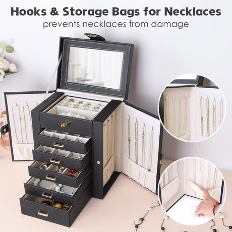 Women's Multi-functional Jewelry Box: Built-in Mirror, Multi-layer Drawer Storage, Side Hooks to Prevent Tangling and Protect Accessories.White
