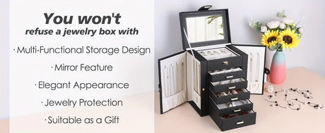 Women's Multi-functional Jewelry Box: Built-in Mirror, Multi-layer Drawer Storage, Side Hooks to Prevent Tangling and Protect Accessories.White