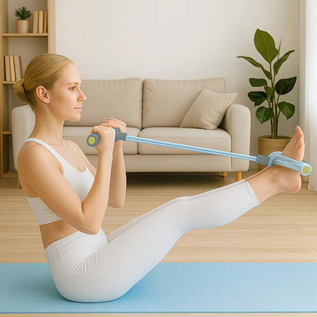 SKY blue Home-use six-tube resistance band with non-slip pedals and quiet rebound. Targets multiple muscle groups for full-body fat burning, shaping, and stretching. Portable and suitable for all.