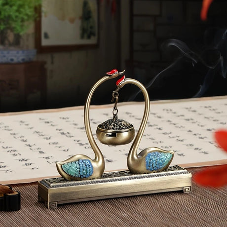 Swan Lake Double-Layer Incense Burner, Dual-Purpose Design, Deep Blue-Gold Swan, Auspicious Tea & Study Decoration