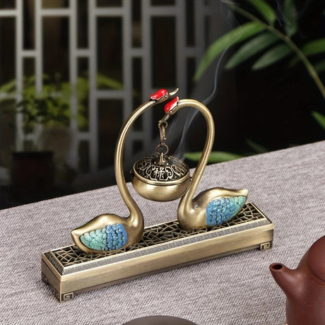 Swan Lake Double-Layer Incense Burner, Dual-Purpose Design, Deep Blue-Gold Swan, Auspicious Tea & Study Decoration