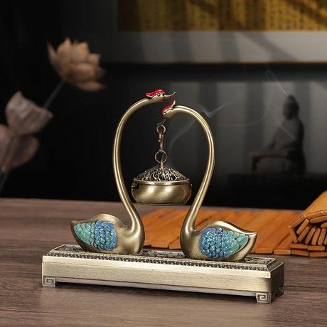 Swan Lake Double-Layer Incense Burner, Dual-Purpose Design, Deep Blue-Gold Swan, Auspicious Tea & Study Decoration