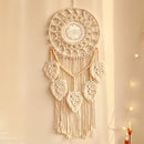 Bohemian Handwoven Wooden Bead Leaf Round Tapestry: Cotton Lace Hollow Tassel, Natural Healing Wall Decoration/sandy beige