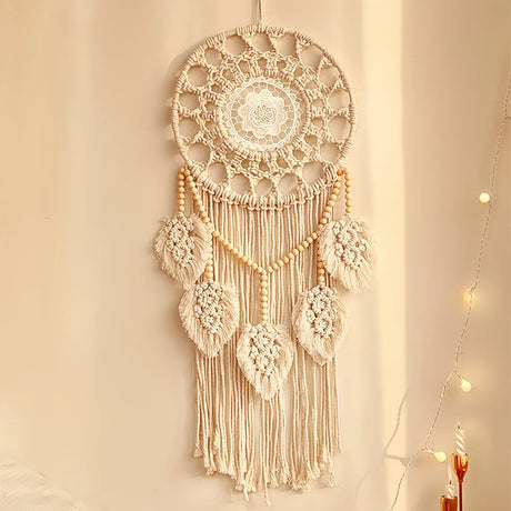 Bohemian Handwoven Wooden Bead Leaf Round Tapestry: Cotton Lace Hollow Tassel, Natural Healing Wall Decoration/sandy beige