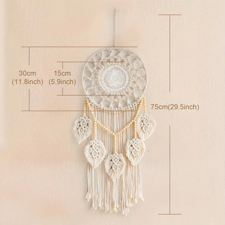 Bohemian Handwoven Wooden Bead Leaf Round Tapestry: Cotton Lace Hollow Tassel, Natural Healing Wall Decoration/sandy beige