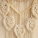 Bohemian Handwoven Wooden Bead Leaf Round Tapestry: Cotton Lace Hollow Tassel, Natural Healing Wall Decoration/sandy beige