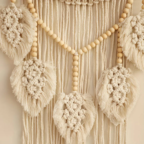 Bohemian Handwoven Wooden Bead Leaf Round Tapestry: Cotton Lace Hollow Tassel, Natural Healing Wall Decoration/sandy beige