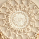 Bohemian Handwoven Wooden Bead Leaf Round Tapestry: Cotton Lace Hollow Tassel, Natural Healing Wall Decoration/sandy beige