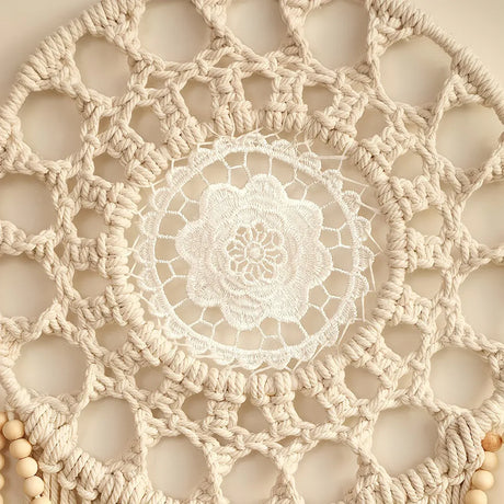 Bohemian Handwoven Wooden Bead Leaf Round Tapestry: Cotton Lace Hollow Tassel, Natural Healing Wall Decoration/sandy beige