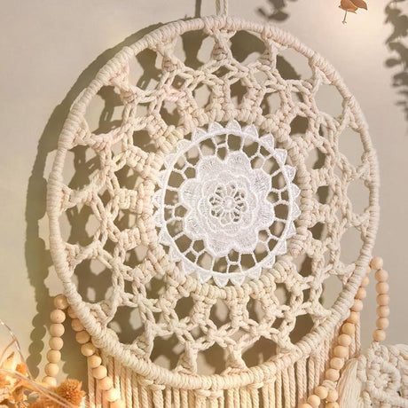 Bohemian Handwoven Wooden Bead Leaf Round Tapestry: Cotton Lace Hollow Tassel, Natural Healing Wall Decoration/sandy beige