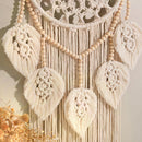 Bohemian Handwoven Wooden Bead Leaf Round Tapestry: Cotton Lace Hollow Tassel, Natural Healing Wall Decoration/sandy beige