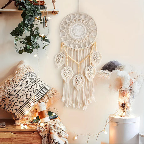 Bohemian Handwoven Wooden Bead Leaf Round Tapestry: Cotton Lace Hollow Tassel, Natural Healing Wall Decoration/sandy beige
