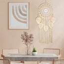 Bohemian Handwoven Wooden Bead Leaf Round Tapestry: Cotton Lace Hollow Tassel, Natural Healing Wall Decoration/sandy beige