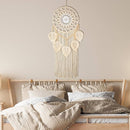 Bohemian Handwoven Wooden Bead Leaf Round Tapestry: Cotton Lace Hollow Tassel, Natural Healing Wall Decoration/sandy beige