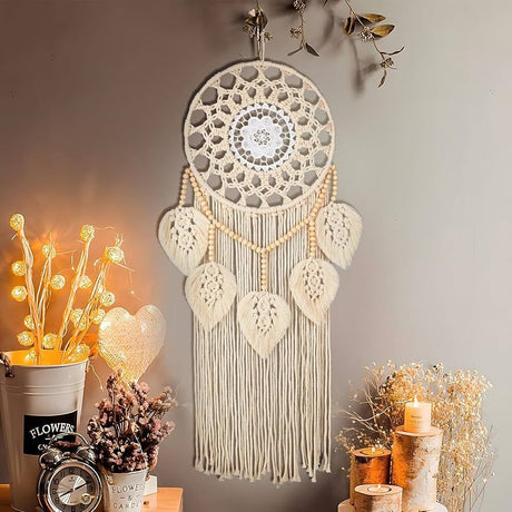 Bohemian Handwoven Wooden Bead Leaf Round Tapestry: Cotton Lace Hollow Tassel, Natural Healing Wall Decoration/sandy beige