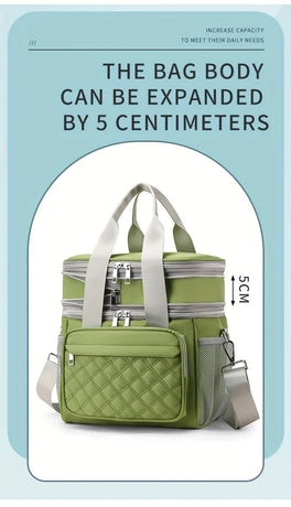 GREEN Large Capacity Travel Bag / Lunch Bag. Expandable 5cm, Multi-Compartment Storage, Hand/Shoulder Carry, Multi-Color Portable for Trips