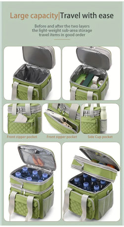 GREEN Large Capacity Travel Bag / Lunch Bag. Expandable 5cm, Multi-Compartment Storage, Hand/Shoulder Carry, Multi-Color Portable for Trips