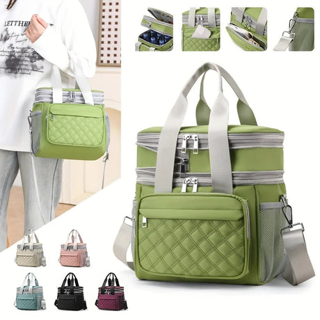 GREEN Large Capacity Travel Bag / Lunch Bag. Expandable 5cm, Multi-Compartment Storage, Hand/Shoulder Carry, Multi-Color Portable for Trips