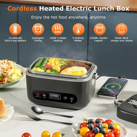1.2L Electric Lunch Box 12000mAh Portable Food Warmer 5-Sided Heat Auto Temp AU