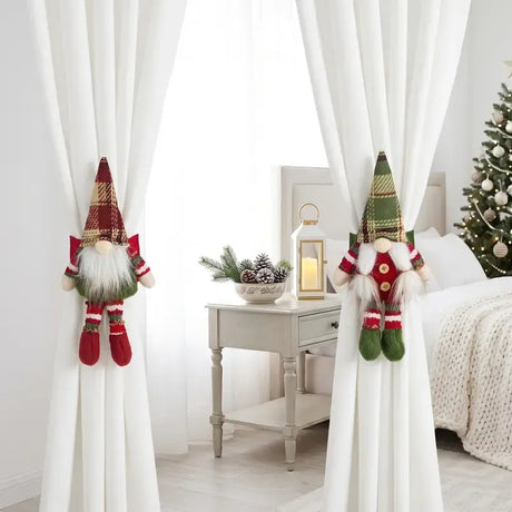 2-Pack Christmas Faceless Old Man Curtain Tiebacks | Polyester Red & Green Plaid Pointed Hat, 25cm Soft Fabric Tie Design, Dual Function as Curtain Holder & Decoration, Brightens Up Your Holiday Window