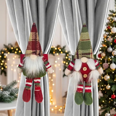 2-Pack Christmas Faceless Old Man Curtain Tiebacks | Polyester Red & Green Plaid Pointed Hat, 25cm Soft Fabric Tie Design, Dual Function as Curtain Holder & Decoration, Brightens Up Your Holiday Window