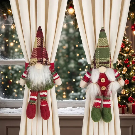 2-Pack Christmas Faceless Old Man Curtain Tiebacks | Polyester Red & Green Plaid Pointed Hat, 25cm Soft Fabric Tie Design, Dual Function as Curtain Holder & Decoration, Brightens Up Your Holiday Window