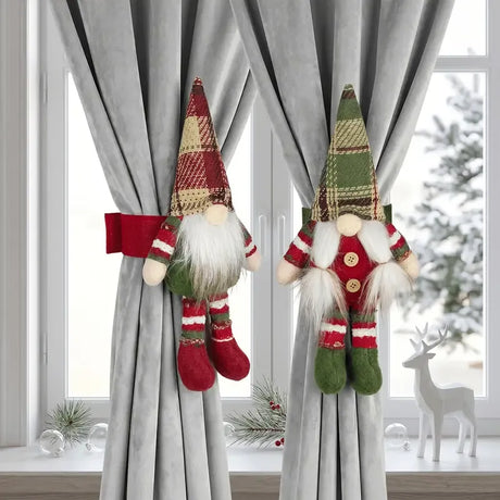 2-Pack Christmas Faceless Old Man Curtain Tiebacks | Polyester Red & Green Plaid Pointed Hat, 25cm Soft Fabric Tie Design, Dual Function as Curtain Holder & Decoration, Brightens Up Your Holiday Window