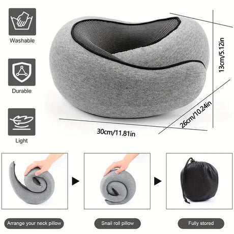 light grey Snail Airplane Neck Pillow – Travel pillow with soft supportive design, ideal for sleep, cars, trains, the office, and home use. Includes a washable pillowcase and portable cervical support pad with storage bag.