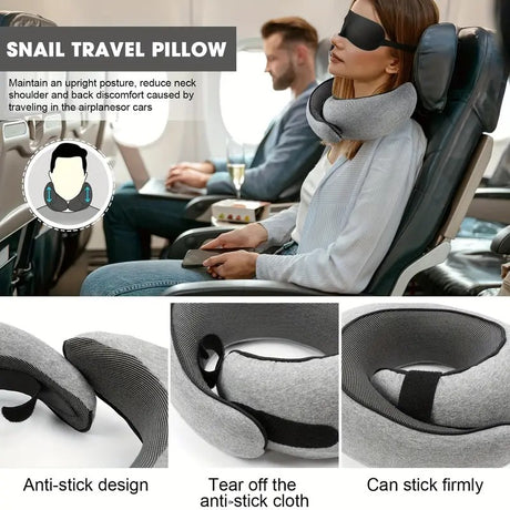 light grey Snail Airplane Neck Pillow – Travel pillow with soft supportive design, ideal for sleep, cars, trains, the office, and home use. Includes a washable pillowcase and portable cervical support pad with storage bag.