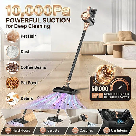 4-in-1 cordless vacuum cleaner, 50000RPM motor, 10000Pa suction, 180° rotating brush head, dual speed settings, lightweight and convenient./golden
