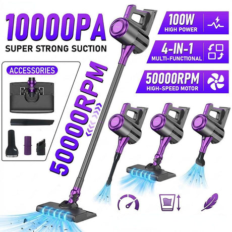 4-in-1 cordless vacuum cleaner, 50000RPM motor, 10000Pa suction, 180° rotating brush head, dual speed settings, lightweight and convenient./golden