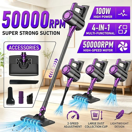4-in-1 cordless vacuum cleaner, 50000RPM motor, 10000Pa suction, 180° rotating brush head, dual speed settings, lightweight and convenient./golden