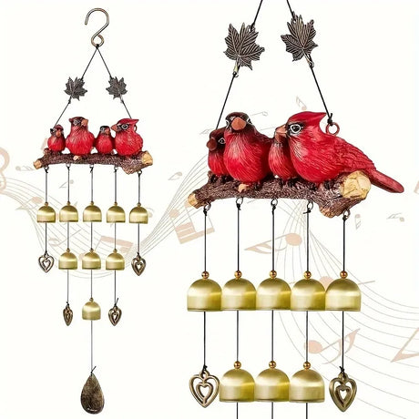 Happy Bird Resin Wind Chime – Alloy Bell Outdoor Garden Hanging Decor, Multi-Layer Balcony Ornament.(Hong Niao)
