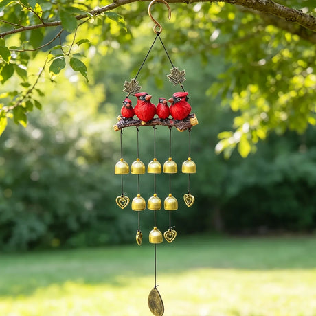 Happy Bird Resin Wind Chime – Alloy Bell Outdoor Garden Hanging Decor, Multi-Layer Balcony Ornament.(Hong Niao)