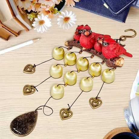 Happy Bird Resin Wind Chime – Alloy Bell Outdoor Garden Hanging Decor, Multi-Layer Balcony Ornament.(Hong Niao)