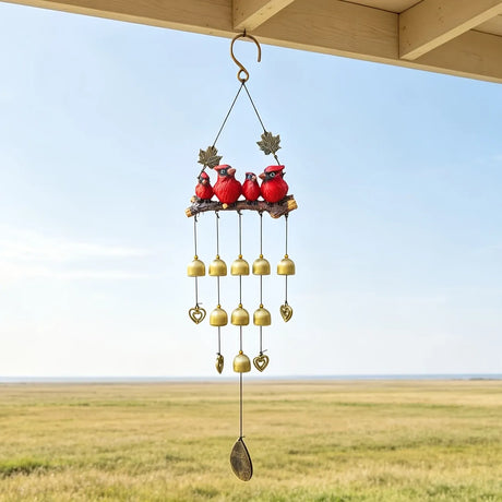 Happy Bird Resin Wind Chime – Alloy Bell Outdoor Garden Hanging Decor, Multi-Layer Balcony Ornament.(Hong Niao)