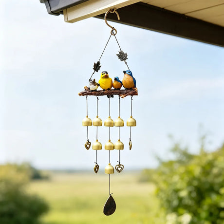 Happy Bird Resin Wind Chime – Alloy Bell Outdoor Garden Hanging Decor, Multi-Layer Balcony Ornament.(Hong Niao)