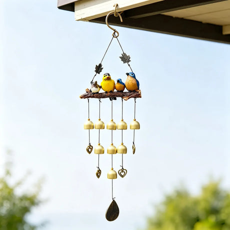 Happy Bird Resin Wind Chime – Alloy Bell Outdoor Garden Hanging Decor, Multi-Layer Balcony Ornament.(Hong Niao)