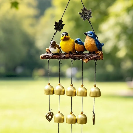 Happy Bird Resin Wind Chime – Alloy Bell Outdoor Garden Hanging Decor, Multi-Layer Balcony Ornament.(Hong Niao)