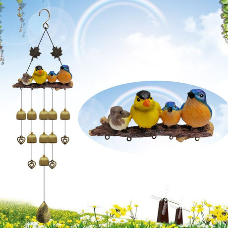 Happy Bird Resin Wind Chime – Alloy Bell Outdoor Garden Hanging Decor, Multi-Layer Balcony Ornament.(Hong Niao)